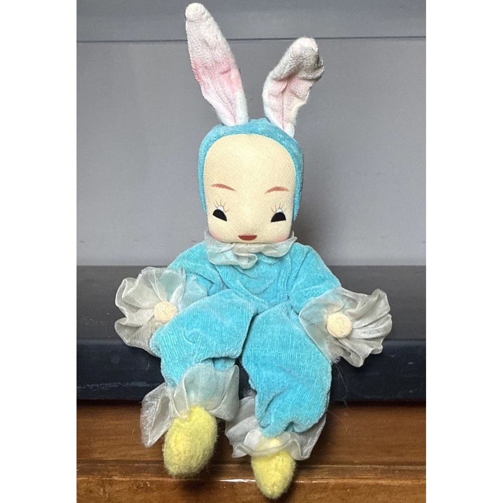 Vintage Stockinette Pixie Rabbit Bunny Doll Posable Velour Body Suit Japan 8"